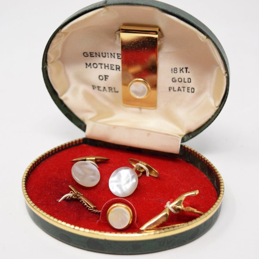 VTG 18 KT Gold Plated Mother of Pearl Cuff Links Money Clip Tie Tack Clasp Set
